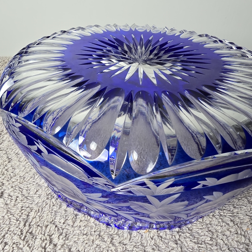 Lausiter Cobalt To Clear Crystal Bowl With Sawtooth Rim - Picture 11 of 12